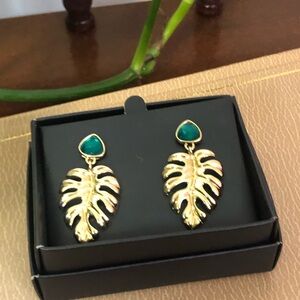 Avon Gold and Emerald Monstera Leaf Earrings